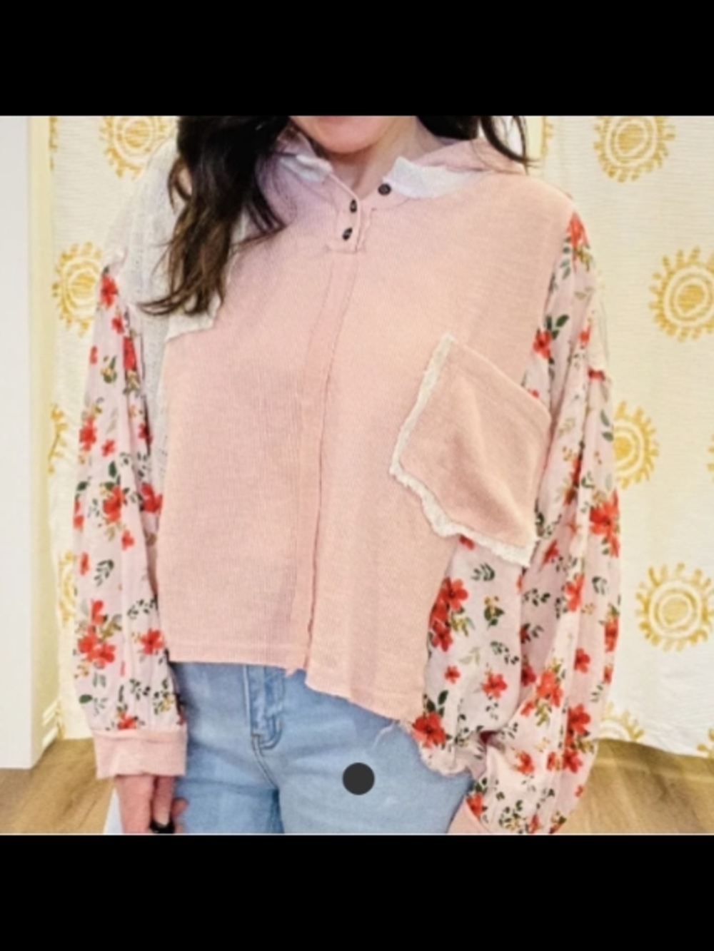 Big Discount POL Pink Mixed-Media Floral Sleeve Hoodie